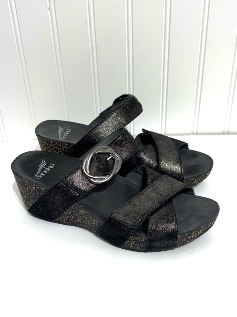 Dansko Susie Black Shimmer Leather Wedge Sandals Size EU 37 US 6.5-7 Comfort